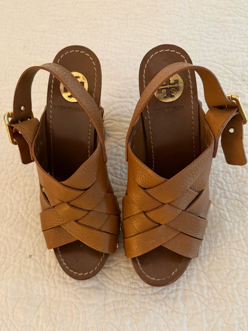 Tory Burch Jodie Tan Leather Woven Ankle-Strap Platform Sandals